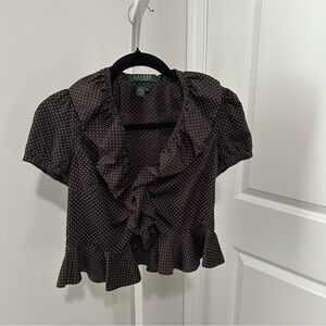 Ralph Lauren Polka Dots Dark Brown Ruffled Collar Waist Button Up Blouse